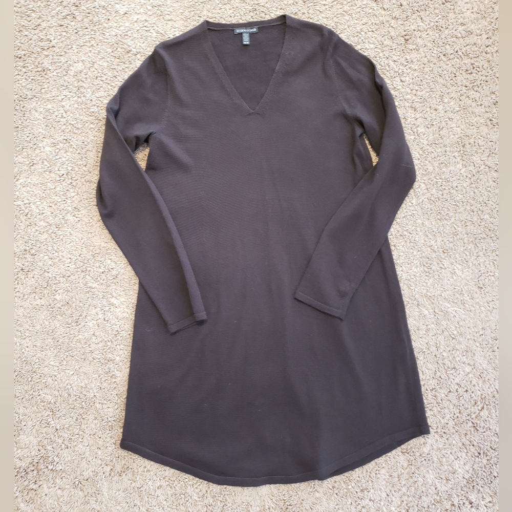 Eileen Fisher 100% merino wool knee length mini dress long sleeve brown XS